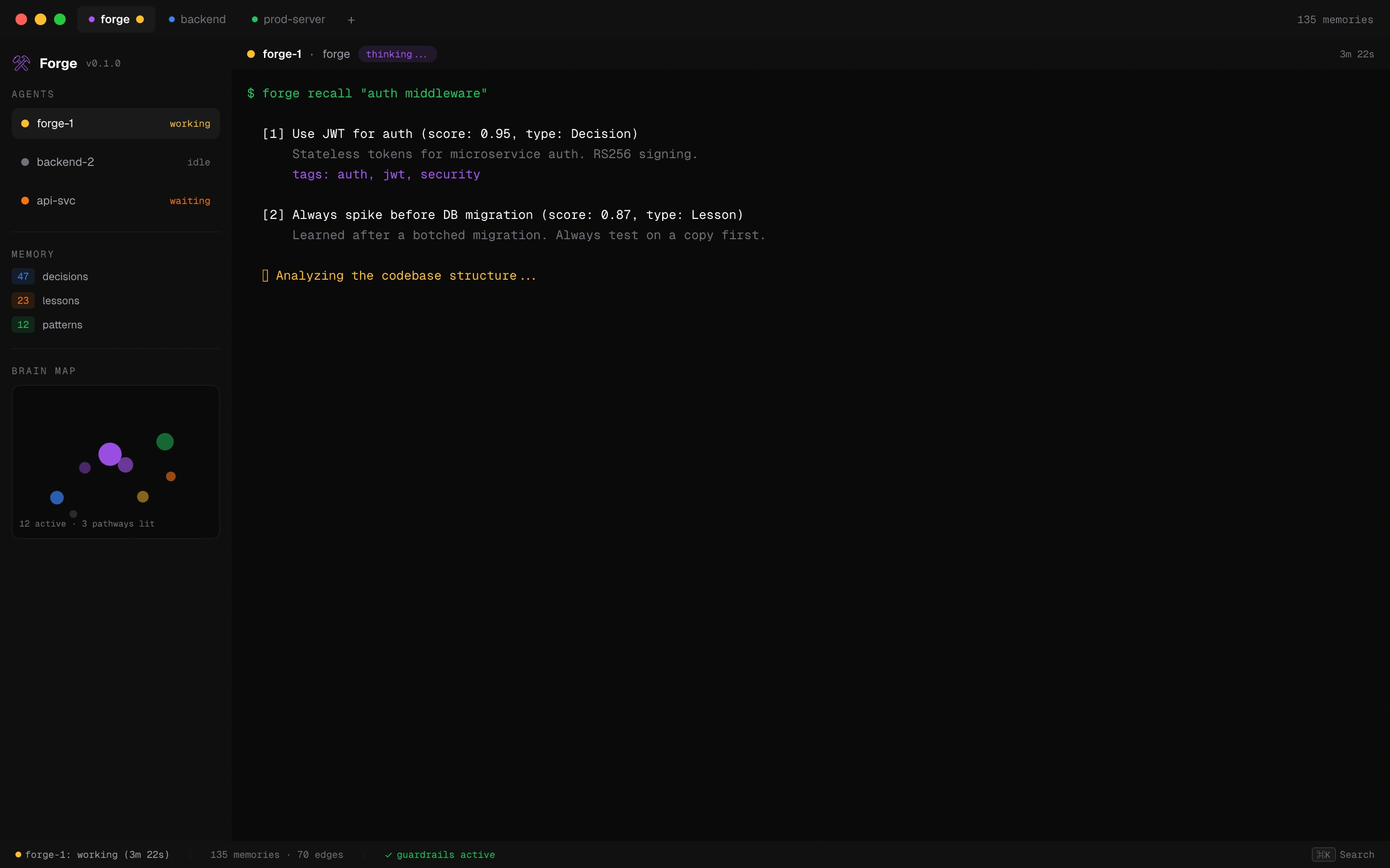 Forge Terminal with agent sidebar, memory recall output, and brain map preview